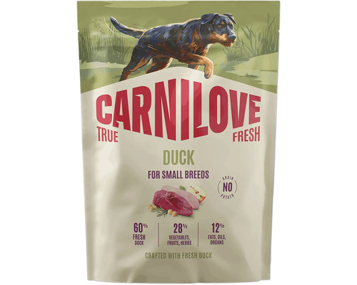 Granule Carnilove True Fresh Duck pro psy malých plemen se 60 procenty čerstvého kachního masa, bez obilovin a brambor.