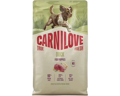 Krmivo pro štěňata Carnilove True Fresh Duck, bez obilovin a brambor, s 60 procenty čerstvé kachny a 27 procenty zeleniny.