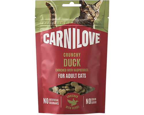 Pamlsek pro kočky Carnilove Crunchy Duck s malinami pro dospělé kočky bez obilovin a cukru