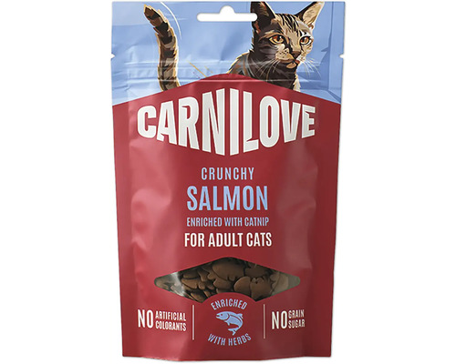 Carnilove křupavé pamlsky pro dospělé kočky s lososem a šantou kočičí.