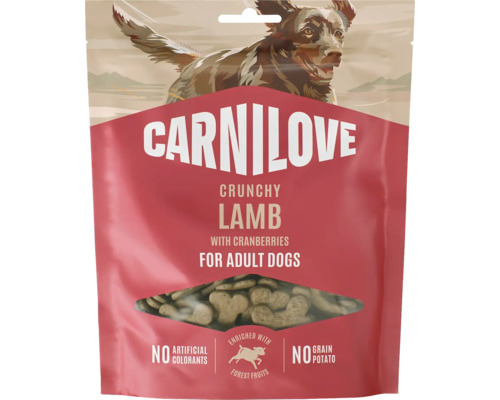 Křupavé pamlsky pro psy Carnilove s jehněčím a brusinkami pro dospělé psy, bez obilovin a brambor.