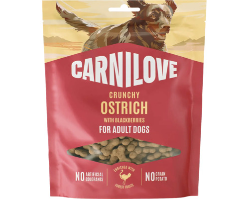 Křupavé pamlsky pro dospělé psy Carnilove s pštrosem a ostružinami, bez obilovin a ve tvaru kostiček.