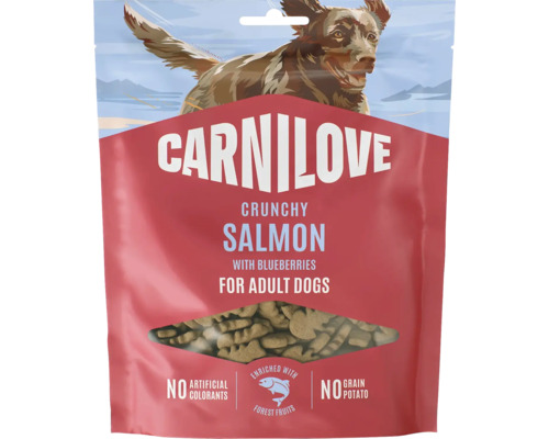 Křupavé pamlsky pro dospělé psy Carnilove s lososem a borůvkami, bez umělých barviv a obilovin.