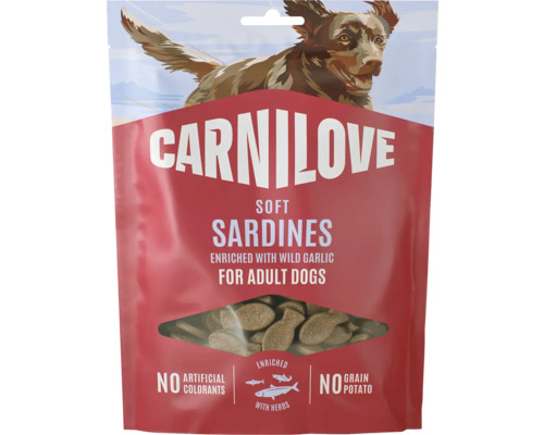 Pamlsky Carnilove Soft Sardines pro dospělé psy s medvědím česnekem a bylinkami, bez obilovin, brambor a umělých barviv.