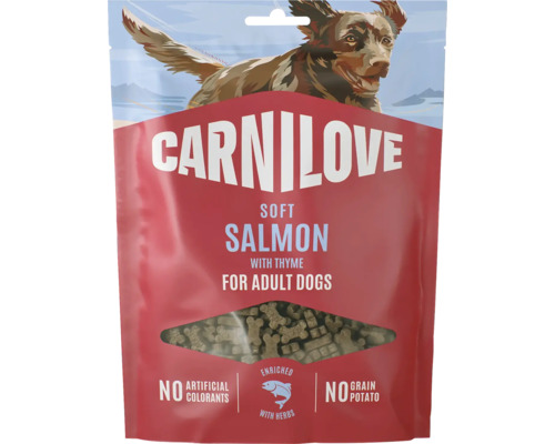 Carnilove Soft Snack losos s tymiánem pro dospělé psy, červený obal, bez obilovin, brambor a barviv, obohaceno bylinkami.
