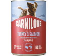 Carnilove Logo. Mokré krmivo pro štěňata s krůtou, lososem a lesním ovocem, 67 procent masa a ryb, bez obilovin, kompletní krmivo.