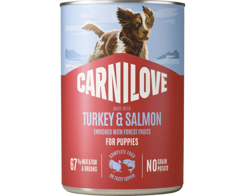 Carnilove Logo. Mokré krmivo pro štěňata s krůtou, lososem a lesním ovocem, 67 procent masa a ryb, bez obilovin, kompletní krmivo.