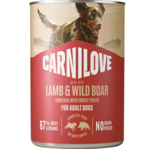 Carnilove konzervované krmivo pro dospělé psy s jehněčím a divokým prasetem, 67 procent masa a vnitřností, bez obilovin a brambor.