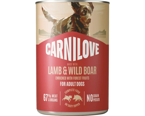 Carnilove konzervované krmivo pro dospělé psy s jehněčím a divokým prasetem, 67 procent masa a vnitřností, bez obilovin a brambor.