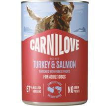 Carnilove mokré krmivo pro dospělé psy s krůtou a lososem, bez obilovin a brambor, 67 procent masa, ryb a vnitřností.