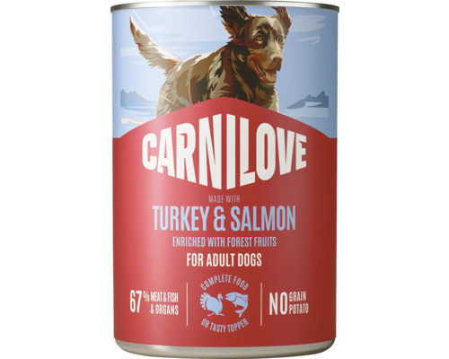 Carnilove mokré krmivo pro dospělé psy s krůtou a lososem, bez obilovin a brambor, 67 procent masa, ryb a vnitřností.
