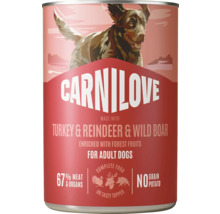 Carnilove konzerva pro dospělé psy, krůtí, sobí a divočák, 67 procent masa a vnitřností, bez obilovin a brambor.