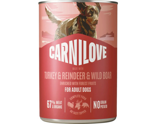 Carnilove konzerva pro dospělé psy, krůtí, sobí a divočák, 67 procent masa a vnitřností, bez obilovin a brambor.