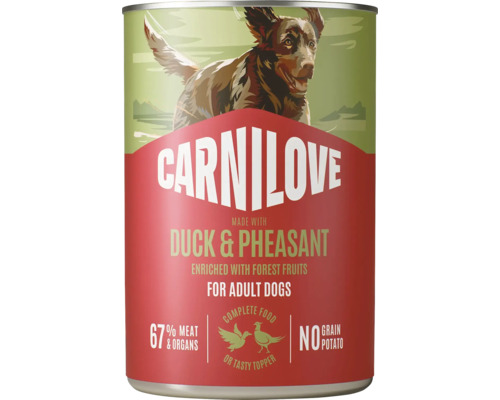 Carnilove krmivo pro dospělé psy kachna a bažant, 67 procent masa a vnitřností, bez obilovin a brambor.