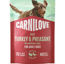 Carnilove paštika pro dospělé psy, krůta a bažant s malinovým listím, 70 procent masa a vnitřností, bez obilovin.