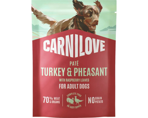 Carnilove paštika pro dospělé psy, krůta a bažant s malinovým listím, 70 procent masa a vnitřností, bez obilovin.