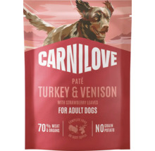 Carnilove paté pro dospělé psy, krůtí a jelení maso, 70 procent masa a vnitřností, bez obilovin a brambor.