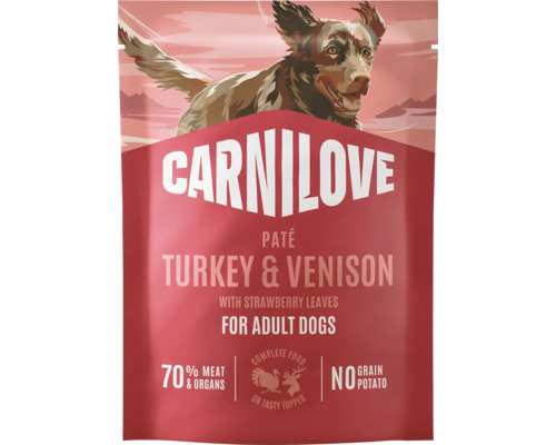 Carnilove paté pro dospělé psy, krůtí a jelení maso, 70 procent masa a vnitřností, bez obilovin a brambor.