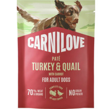 Carnilove paté krůta a křepelka s mrkví pro dospělé psy, 70 procent masa a vnitřností, bez obilovin a brambor.