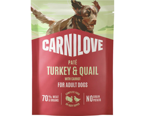 Carnilove paté krůta a křepelka s mrkví pro dospělé psy, 70 procent masa a vnitřností, bez obilovin a brambor.
