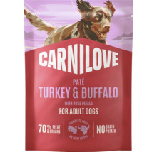 Carnilove paštika pro psy krůta a buvol s okvětními lístky růží pro dospělé psy 70 procent masa a vnitřností bez obilovin a brambor.