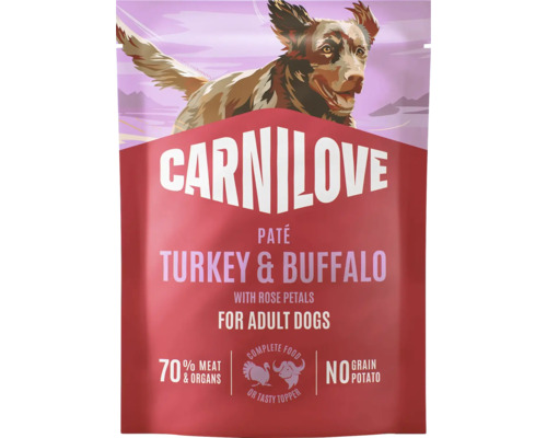 Carnilove paštika pro psy krůta a buvol s okvětními lístky růží pro dospělé psy 70 procent masa a vnitřností bez obilovin a brambor.
