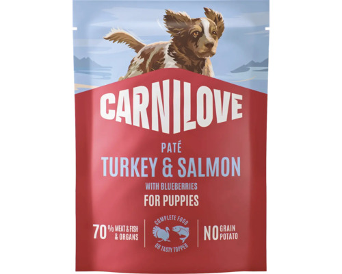 Carnilove paštika pro štěňata krůta a losos s borůvkami, 70 procent masa a ryb, bez obilovin a brambor.