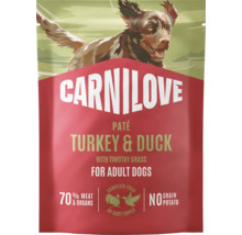 Carnilove paštika pro dospělé psy s krůtím a kachním masem, bez obilovin a brambor se 70 procenty masa a vnitřností.