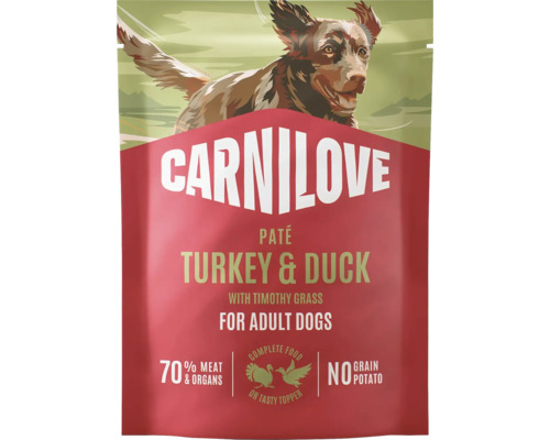 Carnilove paštika pro dospělé psy s krůtím a kachním masem, bez obilovin a brambor se 70 procenty masa a vnitřností.