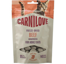 Mrazem sušené pamlsky pro kočky Carnilove Beef Monoprotein pro dospělé kočky s 95 procenty masa bez obilovin a cukru.