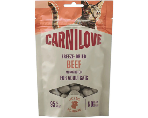 Mrazem sušené pamlsky pro kočky Carnilove Beef Monoprotein pro dospělé kočky s 95 procenty masa bez obilovin a cukru.