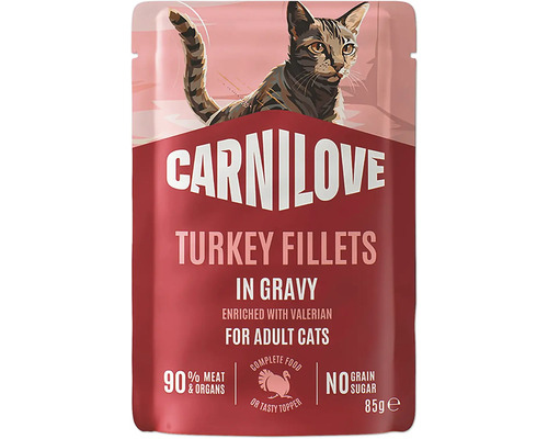 Carnilove kapsička krůtí filety v omáčce pro dospělé kočky s kozlíkem lékařským 85 gramů bez obilovin.