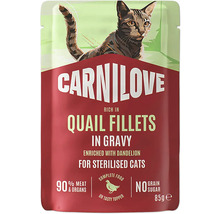 Kapsička Carnilove křepelčí filety v omáčce pro kastrované kočky, 85 gramů, s pampeliškou, 90 procent masa, bez obilovin.