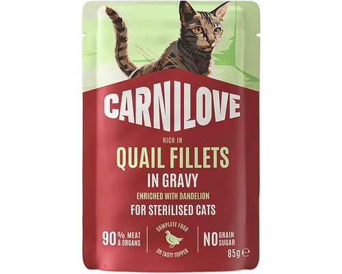 Kapsička Carnilove křepelčí filety v omáčce pro kastrované kočky, 85 gramů, s pampeliškou, 90 procent masa, bez obilovin.