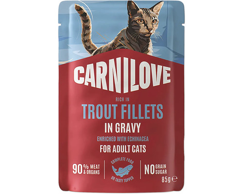 Krmivo pro kočky Carnilove s filety ze pstruha v omáčce pro dospělé kočky, 85 gramů kapsička, bez obilovin a přidaného cukru.