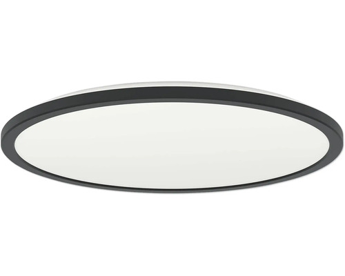 Kulaté, ploché stropní LED svítidlo s černým rámem a bílým difuzorem.