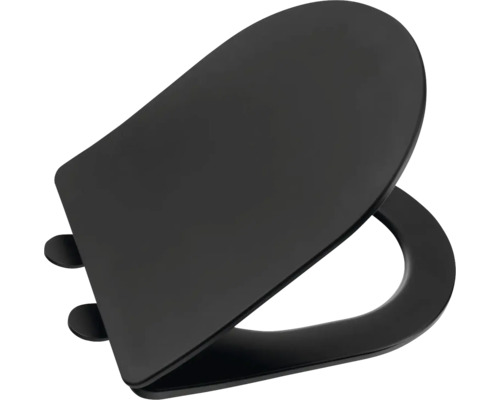 WC sedátko s víkem, matně černé, oválný tvar.