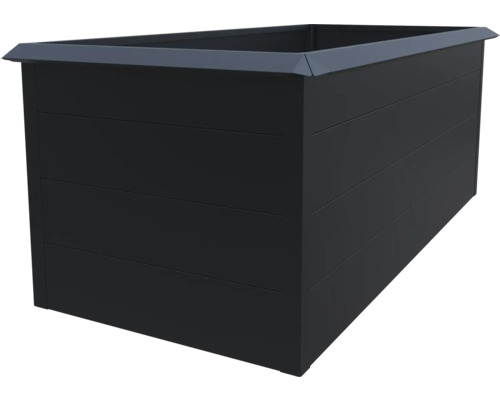 Obdélníkový kovový vyvýšený záhon v antracitové barvě s horizontálními panely.