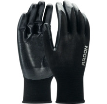 Černé pracovní rukavice Ardon s protiskluzovou vrstvou a elastickými pletenými manžetami.