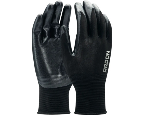Černé pracovní rukavice Ardon s protiskluzovou vrstvou a elastickými pletenými manžetami.