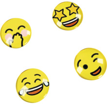 Čtyři žluté kulaté magnety emoji s výrazy: hvězdné oči, červenání s rukou přes ústa, mrkání a smích se slzami.