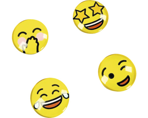 Čtyři žluté kulaté magnety emoji s výrazy: hvězdné oči, červenání s rukou přes ústa, mrkání a smích se slzami.