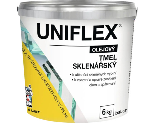 UNIFLEX olejový sklenářský tmel, 6 kilogramové balení pro utěsnění a opravu skleněných výplní oken.