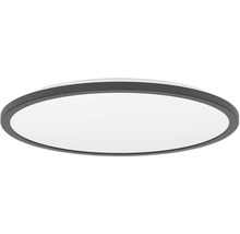 Ploché, kulaté LED stropní svítidlo s černým rámem a bílým difuzorem.