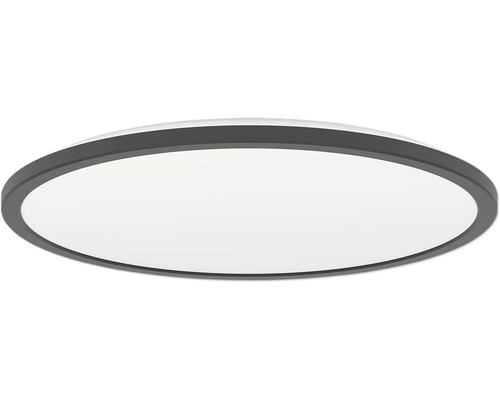 Ploché, kulaté LED stropní svítidlo s černým rámem a bílým difuzorem.