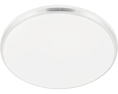 Kulaté stropní LED svítidlo s plochým bílým difuzorem a úzkým kovovým okrajem ve stříbrné barvě.