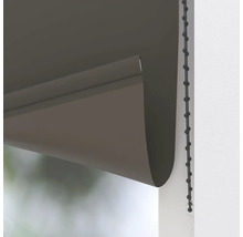Detailní pohled na antracitovou roletu s černým kuličkovým řetízkem pro montáž na okno.