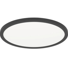 Kulaté LED stropní svítidlo s tmavým okrajem a plochým designem pro vnitřní osvětlení.