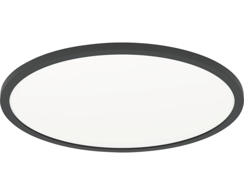 Kulaté stropní LED svítidlo s černým rámem a bílým difuzorem.