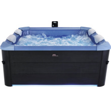 Obdélníková vířivka MSpa s bublající vodou, čtyřmi opěrkami hlavy a digitálním displejem zobrazujícím 38 stupňů.